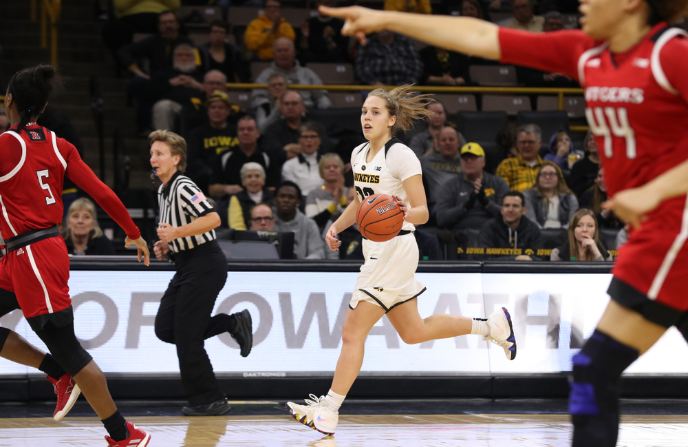 Iowa Hawkeyes guard Kathleen Doyle (22) against the Rutgers Scarlet Knights Wednesday, January 23, 2019 at Carver-Hawkeye Arena. (Brian Ray/hawkeyesports.com)