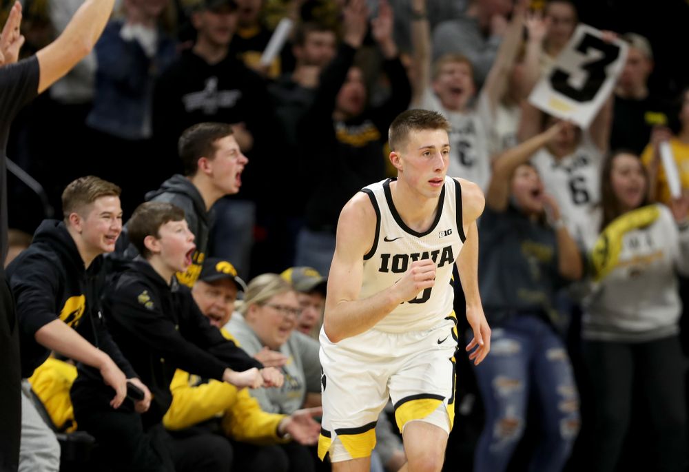Iowa Hawkeyes guard Joe Wieskamp (10) celebrates a three point basket against the Michigan Wolverines Friday, January 17, 2020 at Carver-Hawkeye Arena. (Brian Ray/hawkeyesports.com)