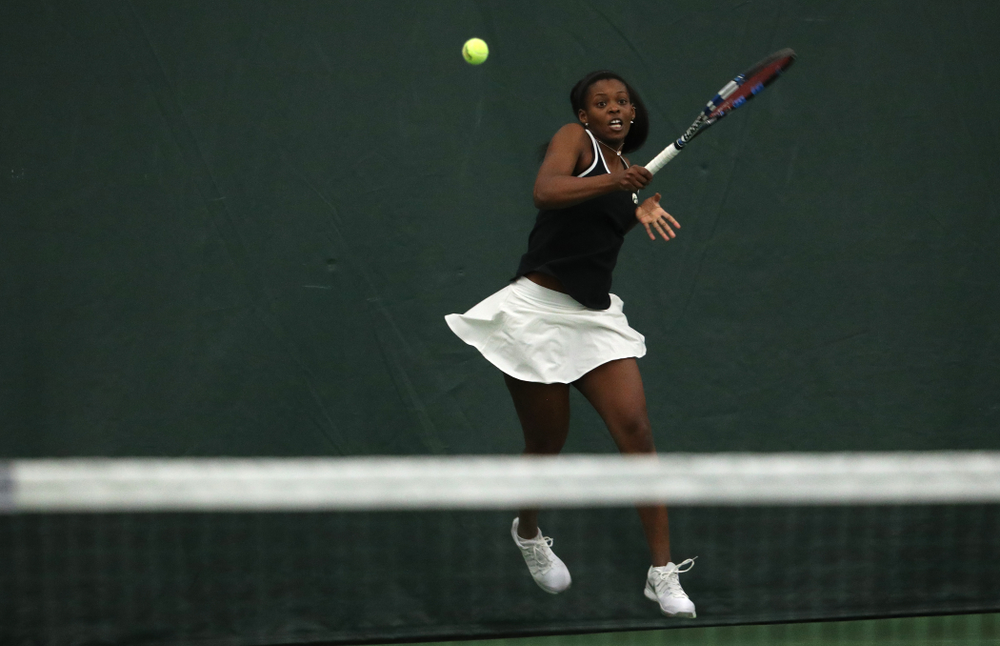 Iowa's Adorabol Huckleby during a doubles match against North Texas Sunday, January 20, 2019 at the Hawkeye Tennis and Recreation Center. (Brian Ray/hawkeyesports.com)