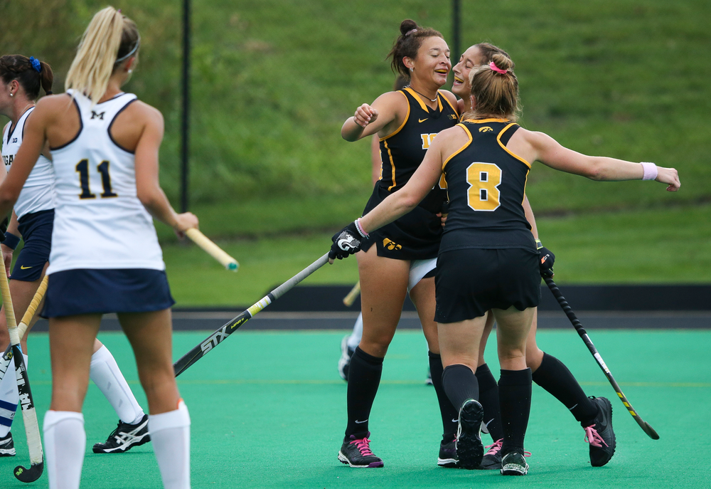 Iowa Hawkeyes forward Mya Christopher (18) celebrates after scoring a goal during a game against Michigan at Grant Field on October 5, 2018. (Tork Mason/hawkeyesports.com)