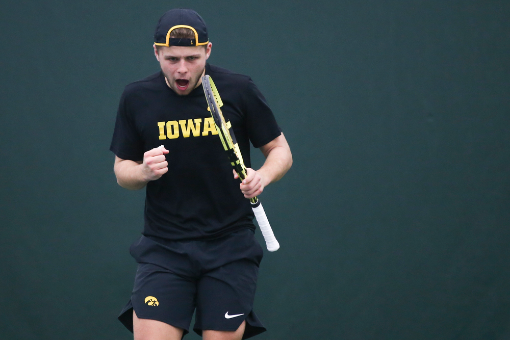 Iowa’s Will Davies celebrates a point during the Iowa men’s tennis meet vs VCU on Saturday, February 29, 2020 at the Hawkeye Tennis and Recreation Complex. (Lily Smith/hawkeyesports.com)