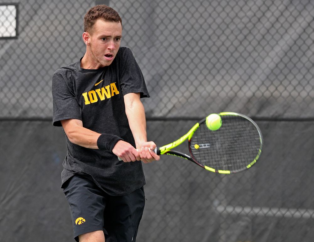 Iowa's Kareen Allaf competes during a match against Ohio State at the Hawkeye Tennis and Recreation Complex in Iowa City on Sunday, Apr. 7, 2019. (Stephen Mally/hawkeyesports.com)