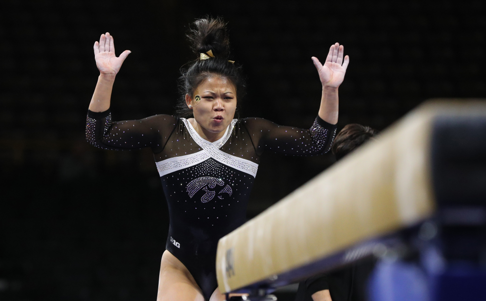 Iowa's Misty-Jade Carlson competes on the beam against the Rutgers Scarlet Knights Saturday, January 26, 2019 at Carver-Hawkeye Arena. (Brian Ray/hawkeyesports.com)