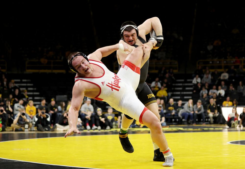 Iowa’s Tony Cassioppi wrestles Nebraska’s Christian Lance at heavyweight Saturday, January 18, 2020 at Carver-Hawkeye Arena. Cassioppi won the match 6-1. (Brian Ray/hawkeyesports.com)