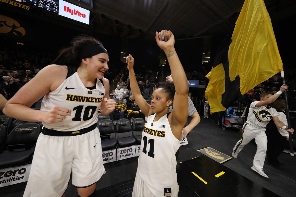 Iowa Hawkeyes forward Megan Gustafson (10) and guard Tania Davis (11) against the Michigan Wolverines Thursday, January 17, 2019 at Carver-Hawkeye Arena. (Brian Ray/hawkeyesports.com)