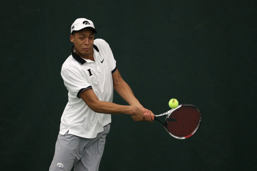 Iowa's Oliver Okonkwo against Western Michigan Saturday, January 19, 2019 at the Hawkeye Tennis and Recreation Complex. (Brian Ray/hawkeyesports.com)
