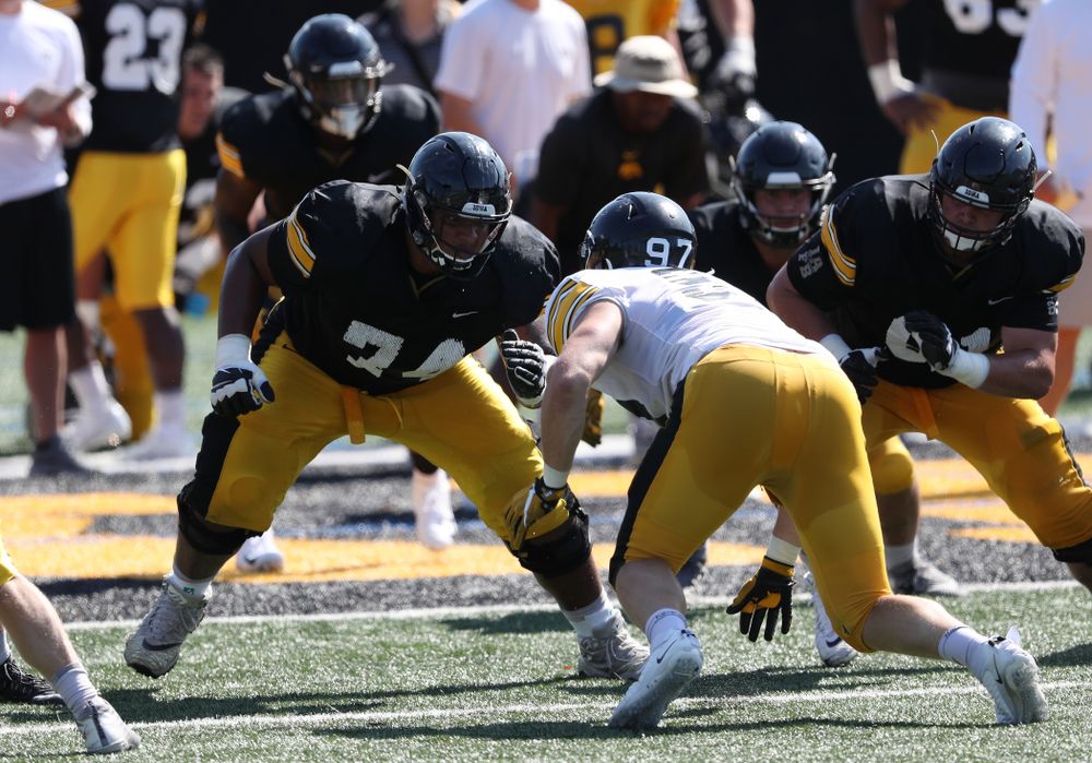 Iowa Hawkeyes offensive lineman Tristan Wirfs (74) during Fall Camp Practice No. 5 Tuesday, August 6, 2019 at the Ronald D. and Margaret L. Kenyon Football Practice Facility. (Brian Ray/hawkeyesports.com)