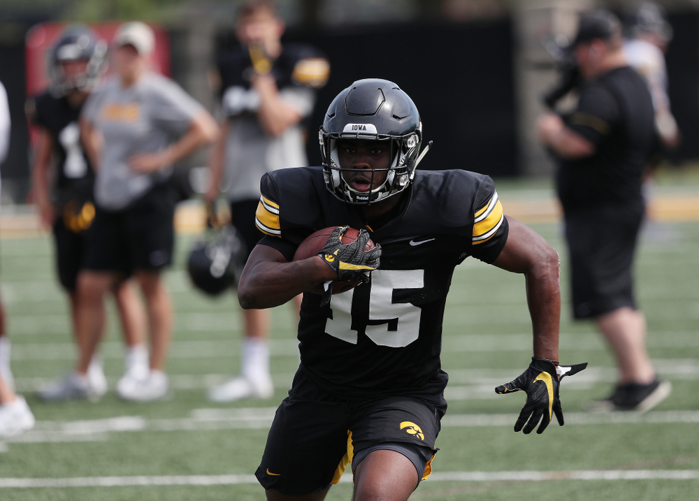 Iowa Hawkeyes running back Tyler Goodson (15) during Fall Camp Practice No. 4 Monday, August 5, 2019 at the Ronald D. and Margaret L. Kenyon Football Practice Facility. (Brian Ray/hawkeyesports.com)