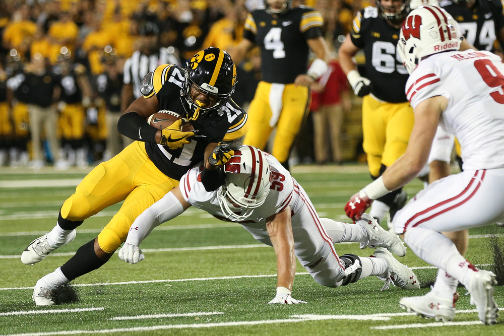 Iowa Hawkeyes running back Ivory Kelly-Martin (21) runs the ball during a game against Wisconsin at Kinnick Stadium on September 22, 2018. (Tork Mason/hawkeyesports.com)