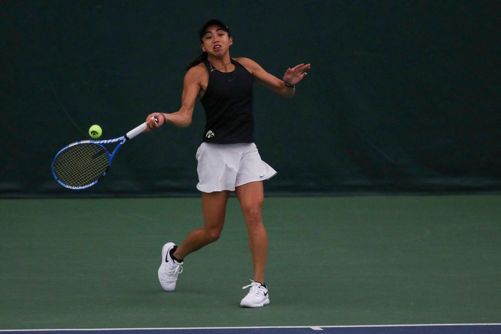 IowaÕs Michelle Bacalla at womenÕs tennis senior day vs Nebraska on Saturday, April 13, 2019 at the Hawkeye Tennis and Recreation Complex. (Lily Smith/hawkeyesports.com)