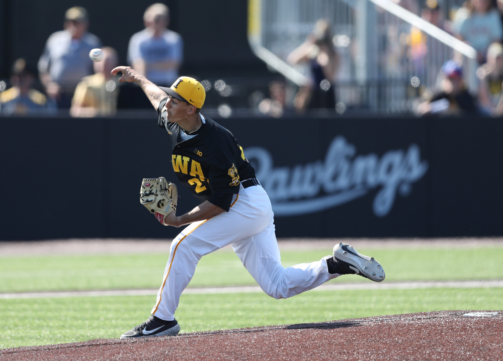 Iowa Hawkeyes Jason Foster (27) delivers the ball to the plate during game two against UC Irvine Saturday, May 4, 2019 at Duane Banks Field. (Brian Ray/hawkeyesports.com)