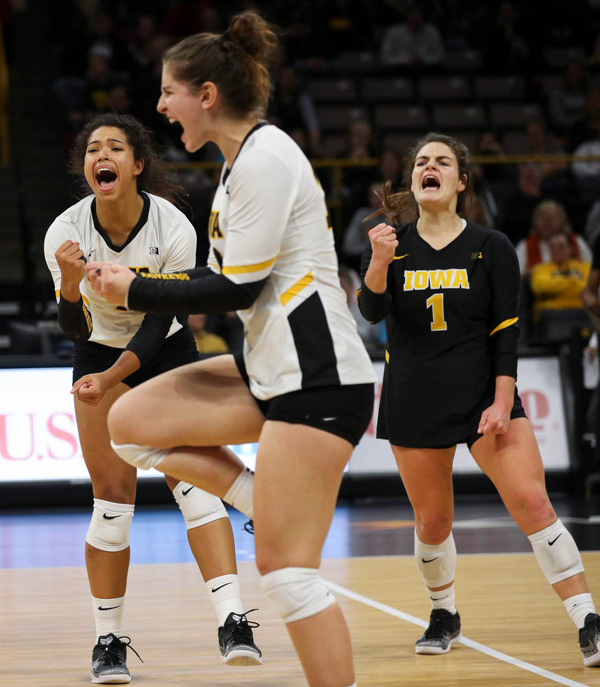 Iowa Hawkeyes setter Brie Orr (7) celebrates after winning a point during a match against Maryland at Carver-Hawkeye Arena on November 23, 2018. (Tork Mason/hawkeyesports.com)