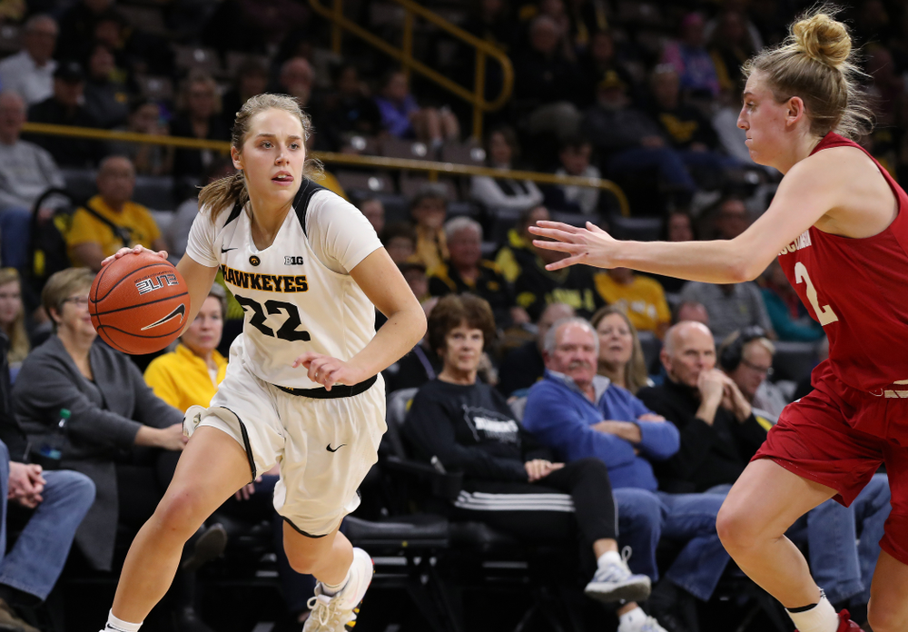 Iowa Hawkeyes guard Kathleen Doyle (22) against the Wisconsin Badgers Monday, January 7, 2019 at Carver-Hawkeye Arena. (Brian Ray/hawkeyesports.com)