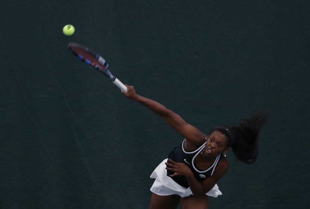 Iowa's Adorabol Huckleby during a doubles match against North Texas Sunday, January 20, 2019 at the Hawkeye Tennis and Recreation Center. (Brian Ray/hawkeyesports.com)