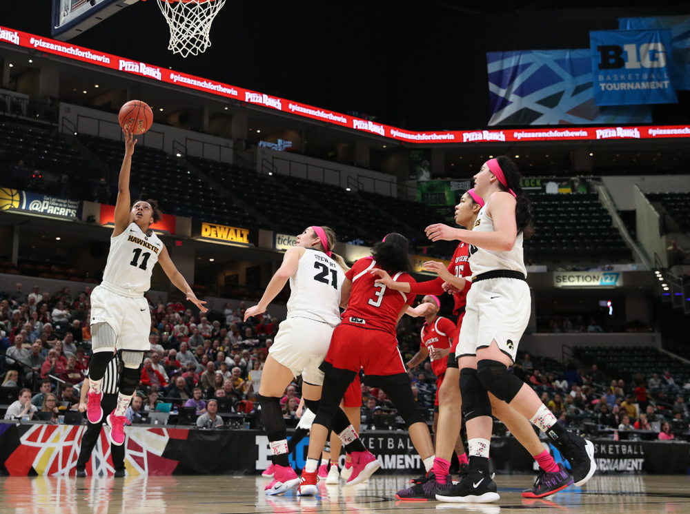 Iowa Hawkeyes guard Tania Davis (11) against the Rutgers Scarlet Knights in the semi-finals of the Big Ten Tournament Saturday, March 9, 2019 at Bankers Life Fieldhouse in Indianapolis, Ind. (Brian Ray/hawkeyesports.com)