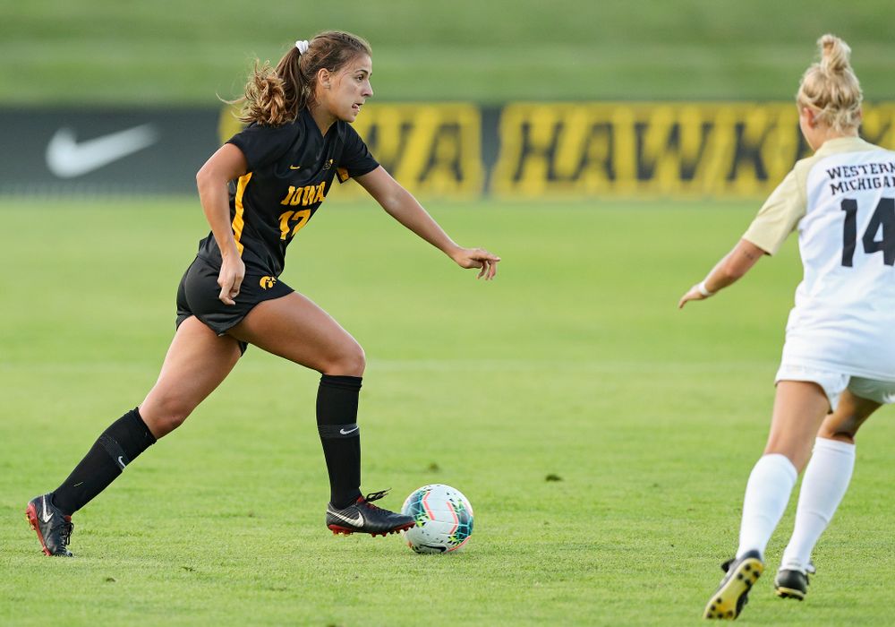 Iowa defender Hannah Drkulec (17) looks to pass during the first half of their match against Western Michigan at the Iowa Soccer Complex in Iowa City on Thursday, Aug 22, 2019. (Stephen Mally/hawkeyesports.com)