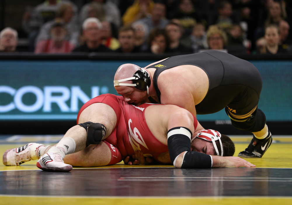 Iowa's Sam Stoll wrestles Indiana's Fletcher Miller at heavyweight Friday, February 15, 2019 at Carver-Hawkeye Arena. (Brian Ray/hawkeyesports.com)