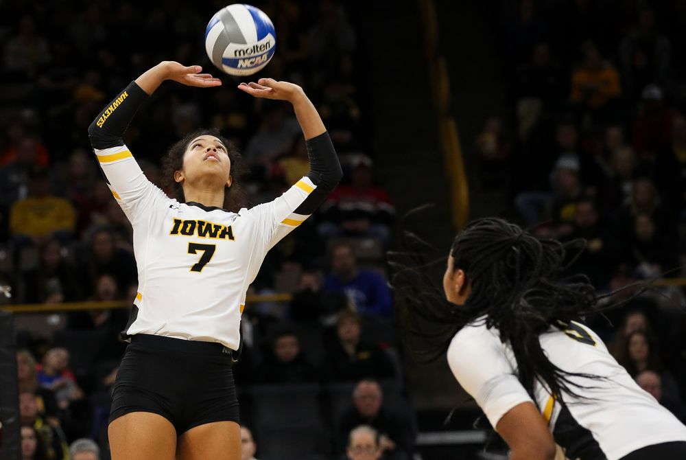 Iowa Hawkeyes setter Brie Orr (7) sets the ball during a match against Maryland at Carver-Hawkeye Arena on November 23, 2018. (Tork Mason/hawkeyesports.com)