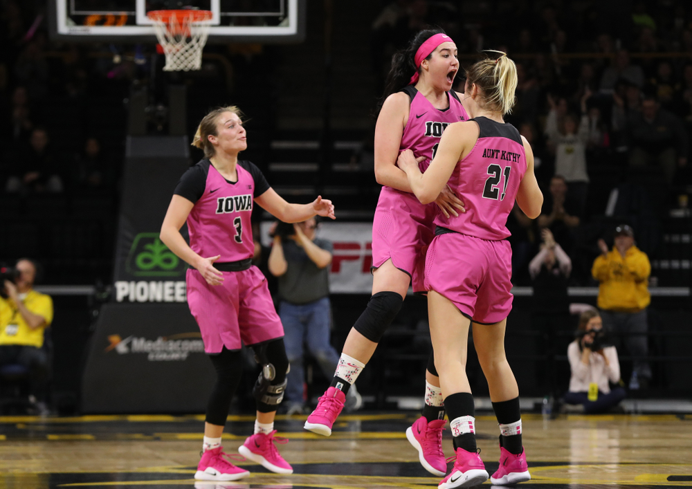 Iowa Hawkeyes forward Megan Gustafson (10) and forward Hannah Stewart (21) against the seventh ranked Maryland Terrapins Sunday, February 17, 2019 at Carver-Hawkeye Arena. (Brian Ray/hawkeyesports.com)
