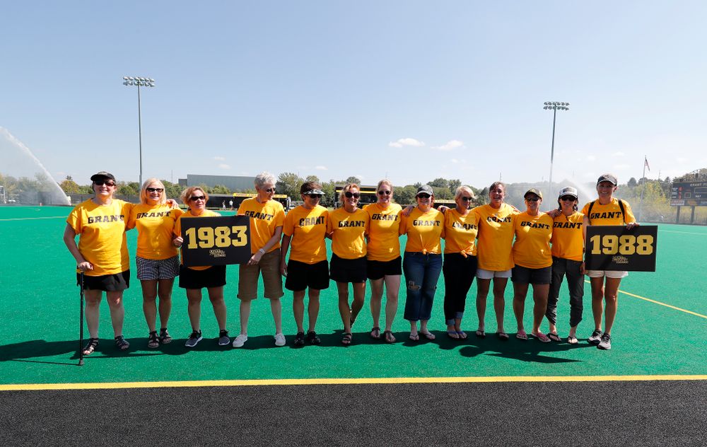 Former stand out Iowa Field Hockey teams are introduced as part of an alumni reunion during halftime of the Iowa Hawkeyes game against Indiana Sunday, September 16, 2018 at Grant Field. (Brian Ray/hawkeyesports.com)