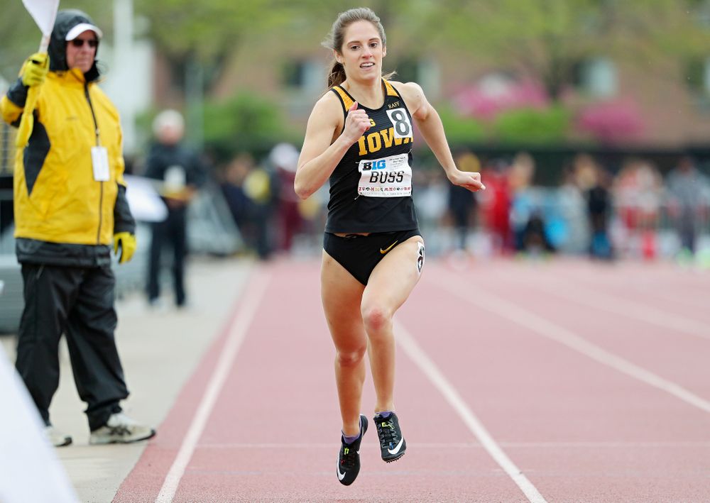 Iowa's Talia Buss runs the women’s 400 meter dash event on the second day of the Big Ten Outdoor Track and Field Championships at Francis X. Cretzmeyer Track in Iowa City on Saturday, May. 11, 2019. (Stephen Mally/hawkeyesports.com)