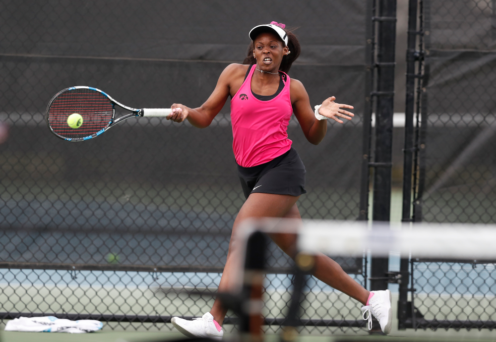 Adorabol Huckleby against Minnesota Friday, April 20, 2018 at the Hawkeye Tennis and Recreation Center. (Brian Ray/hawkeyesports.com)