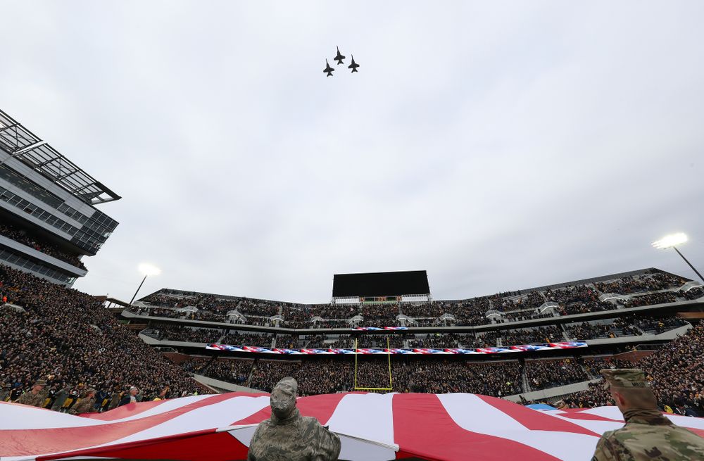 Thee F/A -18 fighters fly over before the Iowa Hawkeyes game against the Northwestern Wildcats Saturday, November 10, 2018 at Kinnick Stadium. (Brian Ray/hawkeyesports.com)