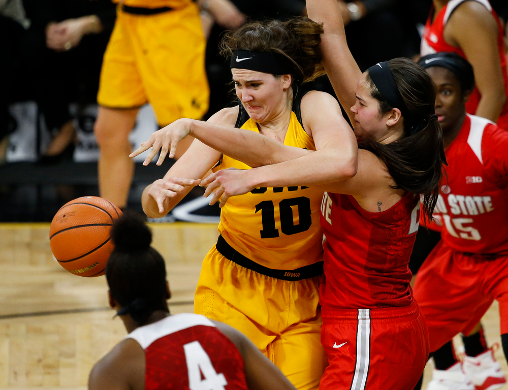 Iowa Hawkeyes forward Megan Gustafson (10) is fouled during a game against the Ohio State Buckeyes at Carver-Hawkeye Arena on January 25, 2018. (Tork Mason/hawkeyesports.com)