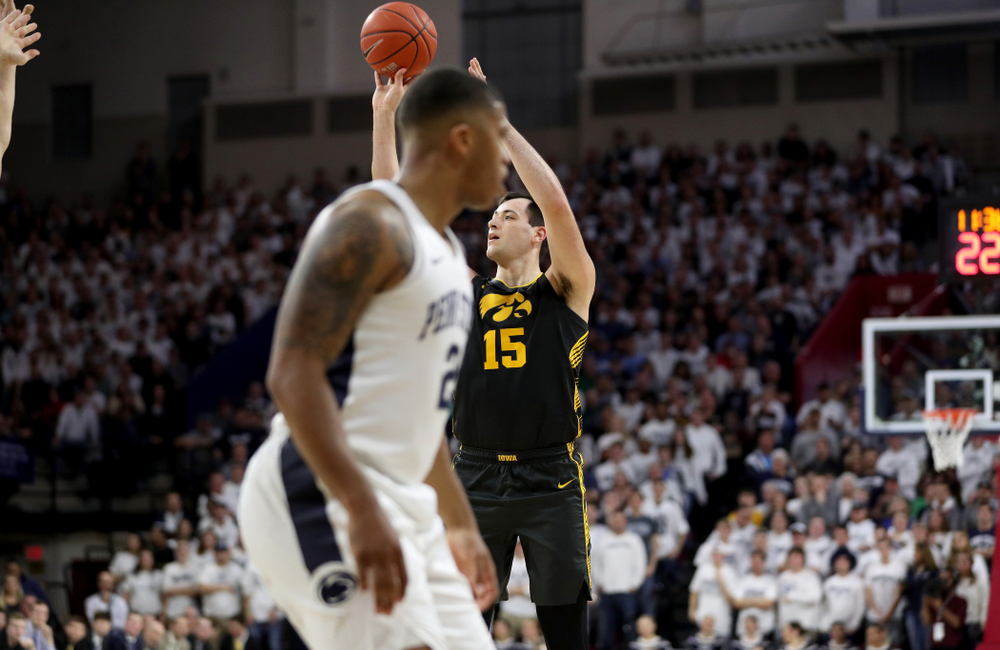 Iowa Hawkeyes forward Ryan Kriener (15) against Penn State Saturday, January 4, 2020 at the Palestra in Philadelphia. (Brian Ray/hawkeyesports.com)