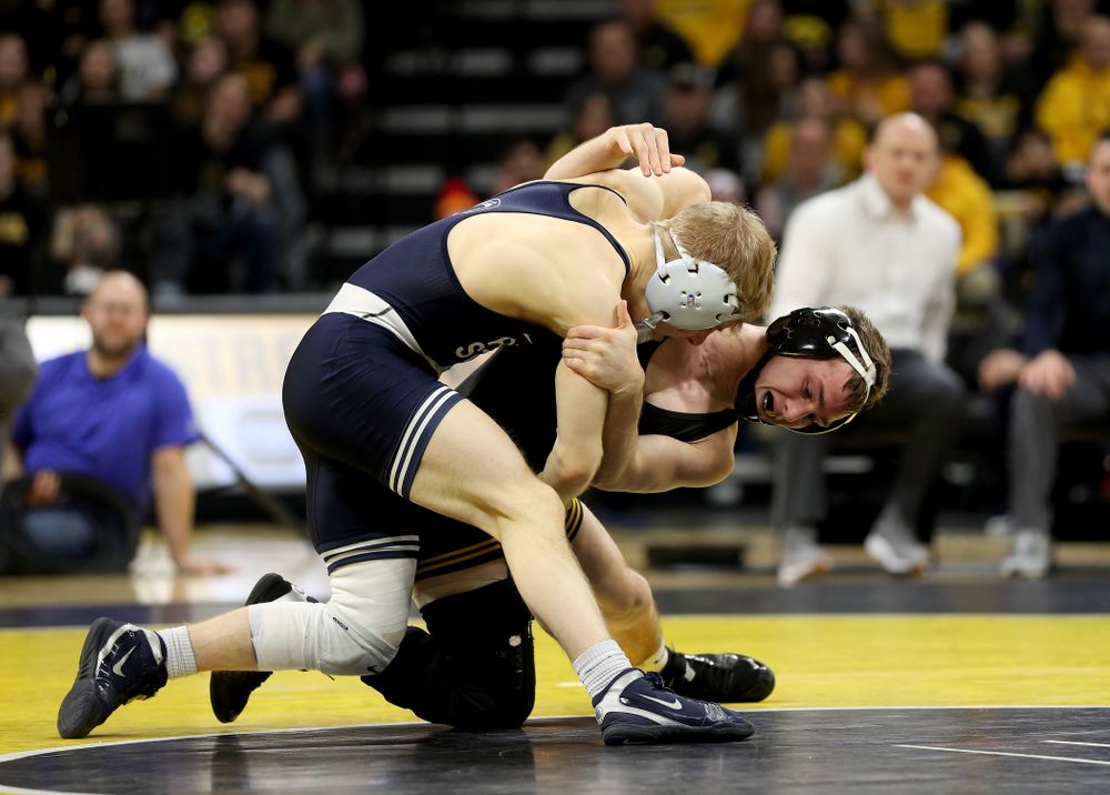 Iowa’s Spencer Lee wrestles Penn State’s Brandon Meredith at 125 pounds Friday, January 31, 2020 at Carver-Hawkeye Arena.Lee won the match by technical fall. (Brian Ray/hawkeyesports.com)