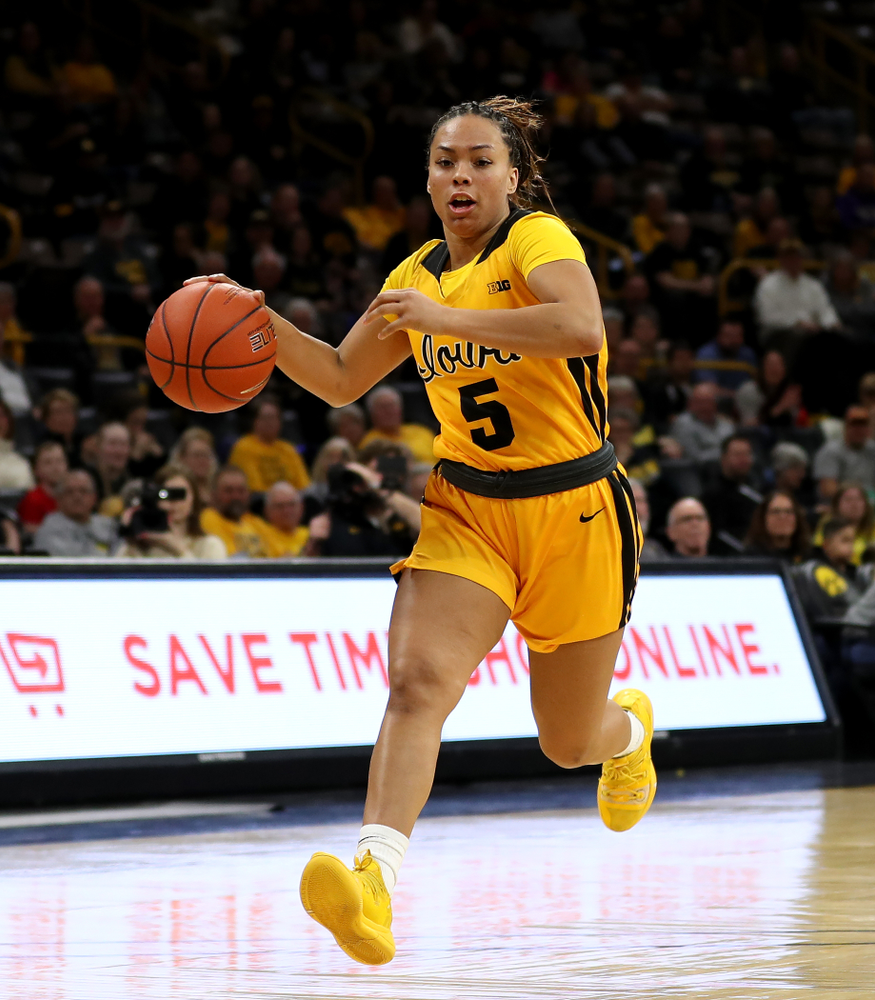 Iowa Hawkeyes guard Alexis Sevillian (5) against the Minnesota Golden Gophers Thursday, February 27, 2020 at Carver-Hawkeye Arena. (Brian Ray/hawkeyesports.com)