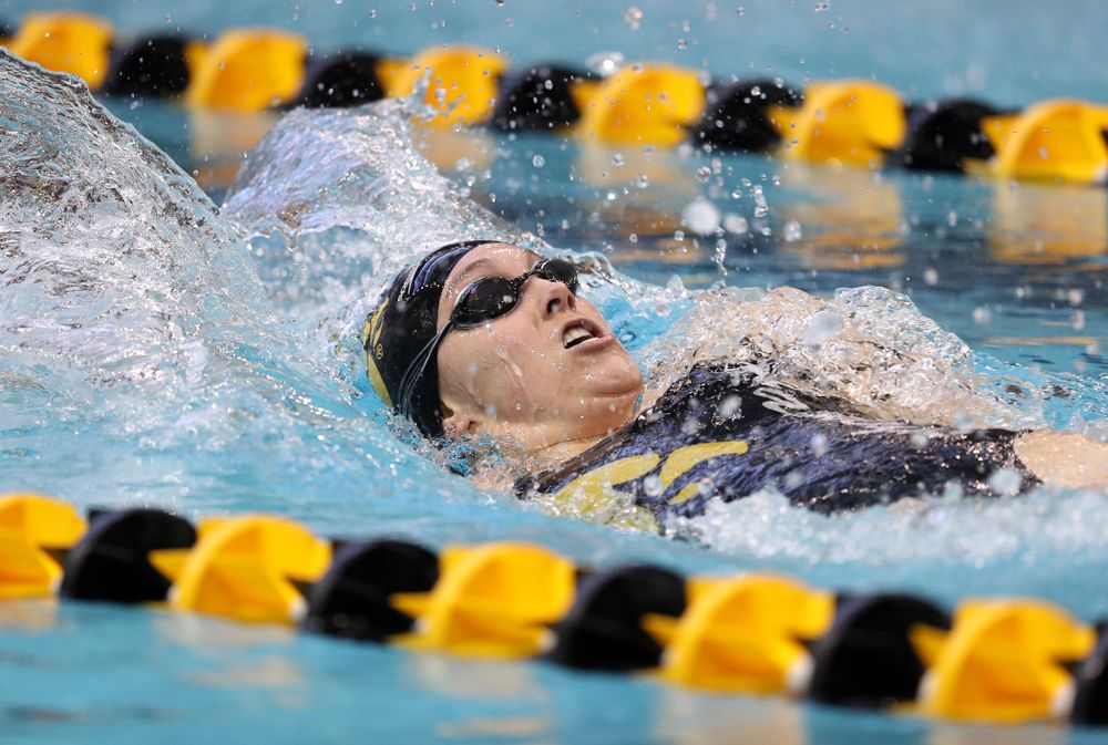 Iowa's Samantha Sauer swims the 100 yard backstroke during a double dual against Wisconsin and Northwestern Saturday, January 19, 2019 at the Campus Recreation and Wellness Center. (Brian Ray/hawkeyesports.com)