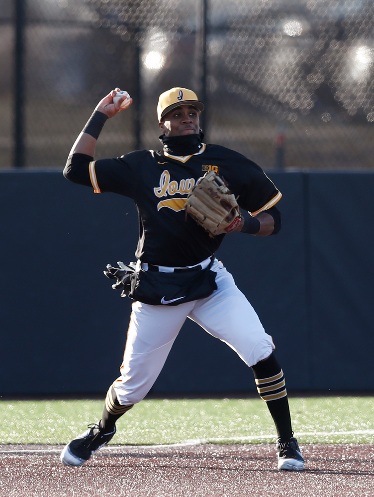 Iowa Hawkeyes third baseman Lorenzo Elion (1) against Grand View Wednesday, April 4, 2018 at Duane Banks Field. (Brian Ray/hawkeyesports.com)