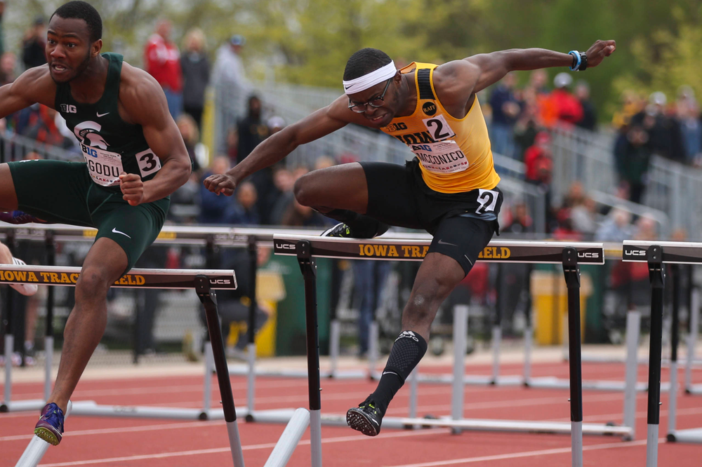 Iowa's Jaylen McConico during men's 110-meter hurdles at Big Ten Outdoor Track and Field Championships at Francis X. Cretzmeyer Track on Sunday, May 12, 2019. (Lily Smith/hawkeyesports.com)