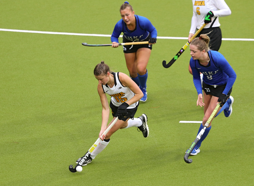 Iowa’s Esme Gibson (15) moves with the ball during the third quarter of their NCAA Tournament First Round match against Duke at Karen Shelton Stadium in Chapel Hill, N.C. on Friday, Nov 15, 2019. (Stephen Mally/hawkeyesports.com)