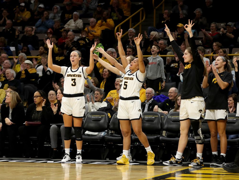 Iowa Hawkeyes guard Makenzie Meyer (3), guard Alexis Sevillian (5), and guard Kate Martin (20) against Penn State Saturday, February 22, 2020 at Carver-Hawkeye Arena. (Brian Ray/hawkeyesports.com)