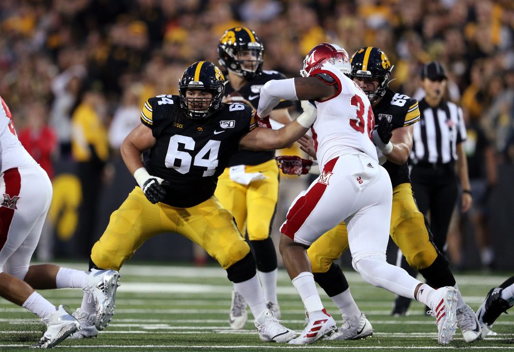 Iowa Hawkeyes offensive lineman Kyler Schott (64) against the Miami RedHawks Saturday, August 31, 2019 at Kinnick Stadium in Iowa City. (Brian Ray/hawkeyesports.com)