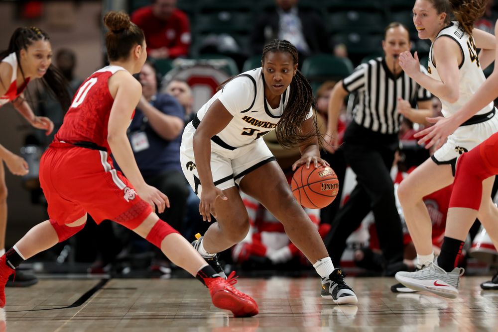 Iowa Hawkeyes guard Zion Sanders (21) against Ohio State in the quarterfinals of the Big Ten Basketball Tournament Friday, March 6, 2020 at Bankers Life Fieldhouse in Indianapolis. (Brian Ray/hawkeyesports.com)