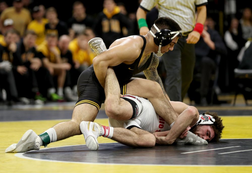 Iowa’s Pat Lugo wrestles Ohio State’s Sammy Sasso at 149 pounds Friday, January 24, 2020 at Carver-Hawkeye Arena. Sasso won the match with a 2-1 in overtime. (Brian Ray/hawkeyesports.com)