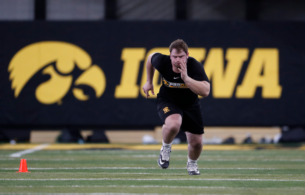 Iowa Hawkeyes defensive lineman Nathan Bazata (99) during the team's annual pro day Monday, March 26, 2018 at the Hansen Football Performance Center. (Brian Ray/hawkeyesports.com)