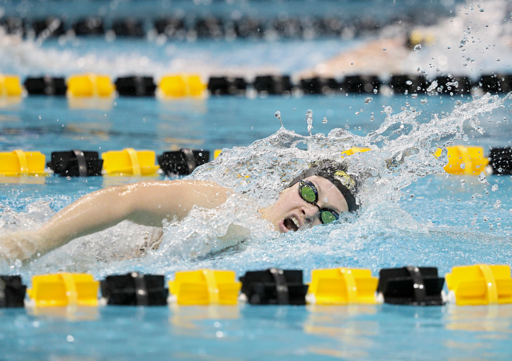 Iowa’s Lauren McDougall swims the freestyle section of the 100-yard individual medley event during their meet against Michigan State at the Campus Recreation and Wellness Center in Iowa City on Thursday, Oct 3, 2019. (Stephen Mally/hawkeyesports.com)