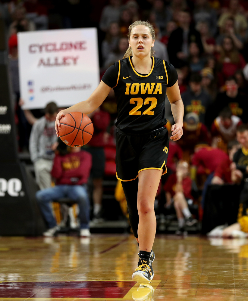 Iowa Hawkeyes guard Kathleen Doyle (22) against the Iowa State Cyclones Wednesday, December 11, 2019 at Hilton Coliseum in Ames, Iowa(Brian Ray/hawkeyesports.com)