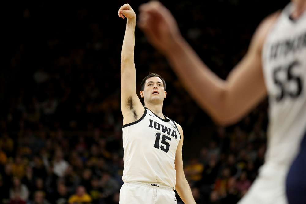 Iowa Hawkeyes forward Ryan Kriener (15) against Penn State Saturday, February 29, 2020 at Carver-Hawkeye Arena. (Brian Ray/hawkeyesports.com)
