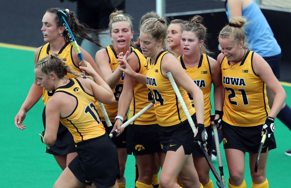 Iowa Hawkeyes Lokke Stribos (14) celebrates a goal with her teammates against Columbia Sunday, September 8, 2019 at Grant Field. (Brian Ray/hawkeyesports.com)