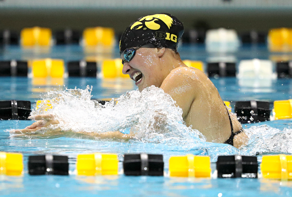 Iowa’s Hannah Burville swims the breaststroke section of the 100-yard individual medley event during their meet against Michigan State at the Campus Recreation and Wellness Center in Iowa City on Thursday, Oct 3, 2019. (Stephen Mally/hawkeyesports.com)