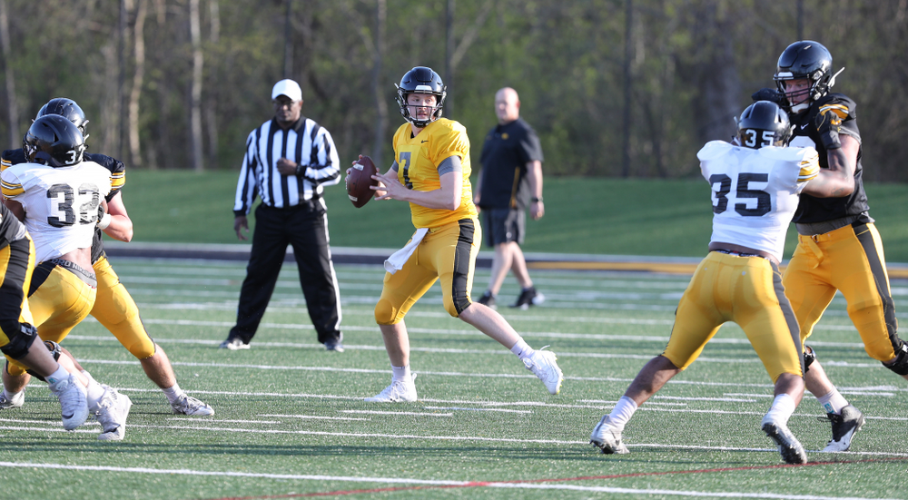 Iowa Hawkeyes quarterback Spencer Petras (7) during the teamÕs final spring practice Friday, April 26, 2019 at the Kenyon Football Practice Facility. (Brian Ray/hawkeyesports.com)