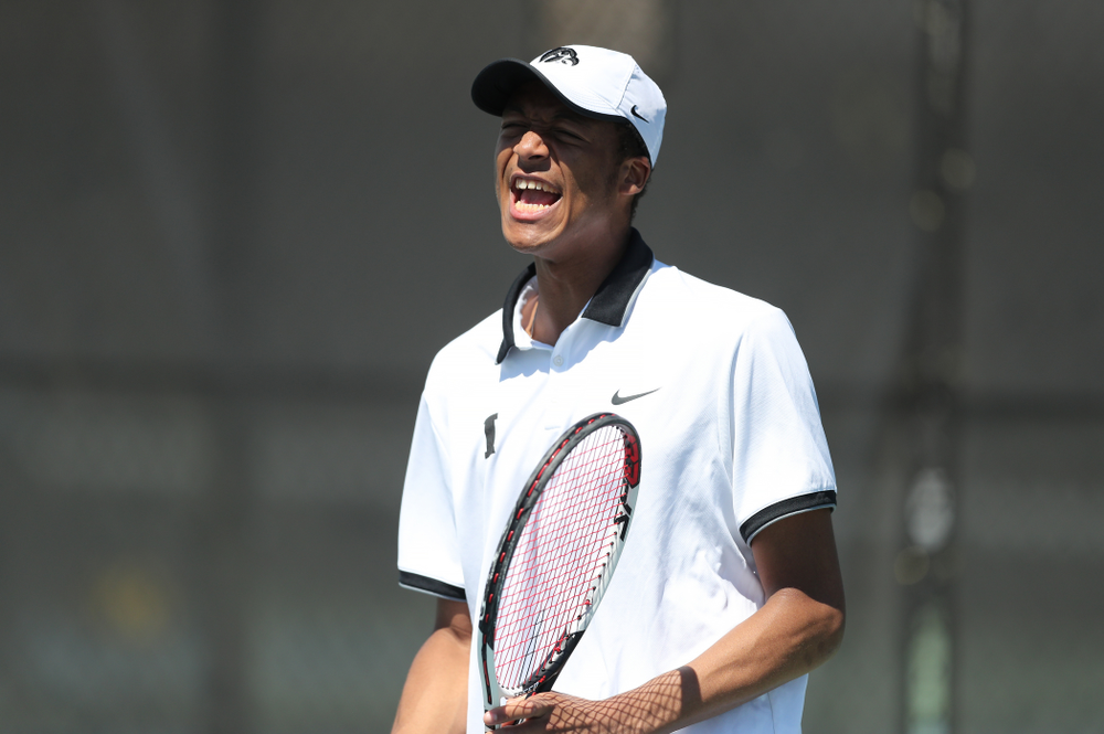 IowaÕs Oliver Okpnkwo against the Michigan Wolverines Sunday, April 21, 2019 at the Hawkeye Tennis and Recreation Complex. (Brian Ray/hawkeyesports.com)