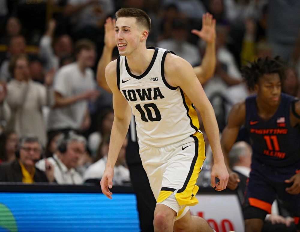 Iowa Hawkeyes guard Joe Wieskamp (10) celebrates after making a 3-pointer during the second half of the game at Carver-Hawkeye Arena in Iowa City on Sunday, February 2, 2020. (Stephen Mally/hawkeyesports.com)