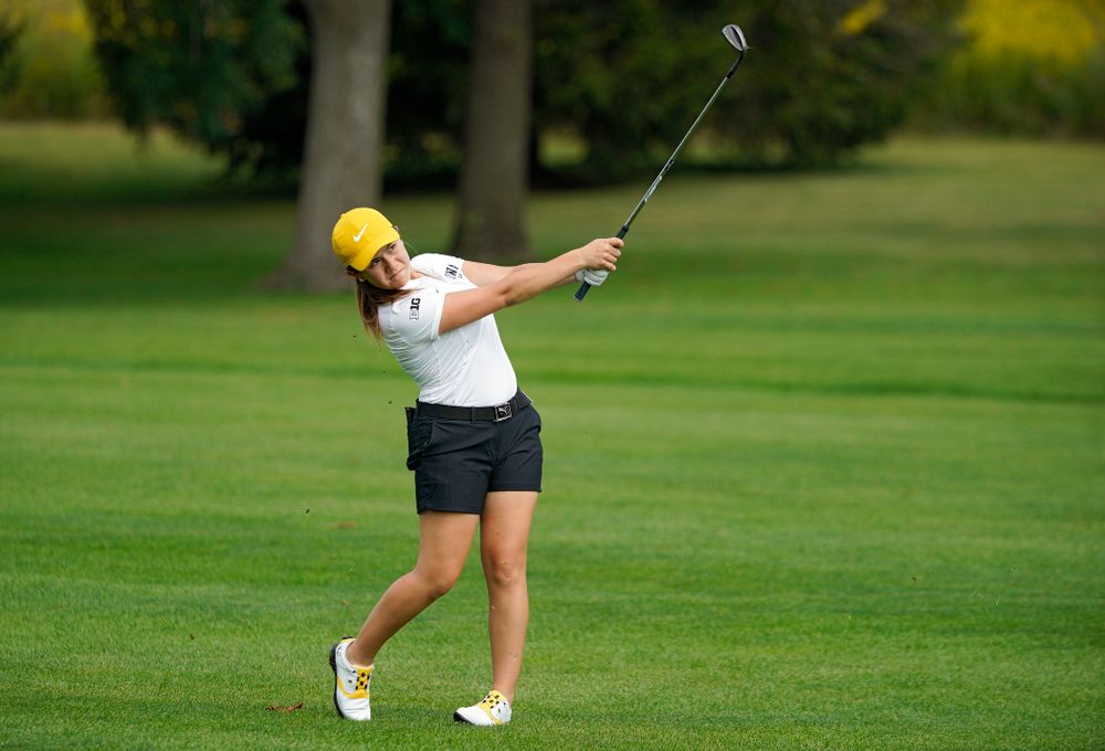 Iowa’s Manuela Lizarazu hits from the fairway during their dual against Northern Iowa at Pheasant Ridge Golf Course in Cedar Falls on Monday, Sep 2, 2019. (Stephen Mally/hawkeyesports.com)