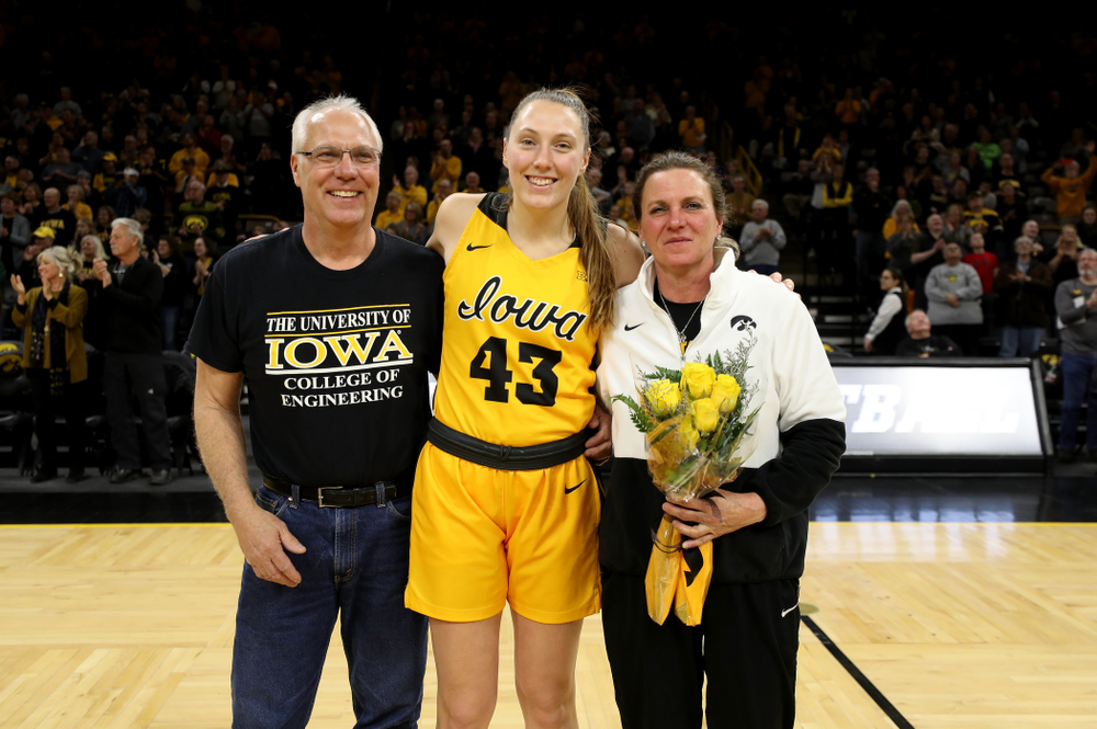 Iowa Hawkeyes forward Amanda Ollinger (43) during senior day activities following their win over the Minnesota Golden Gophers Thursday, February 27, 2020 at Carver-Hawkeye Arena. (Brian Ray/hawkeyesports.com)